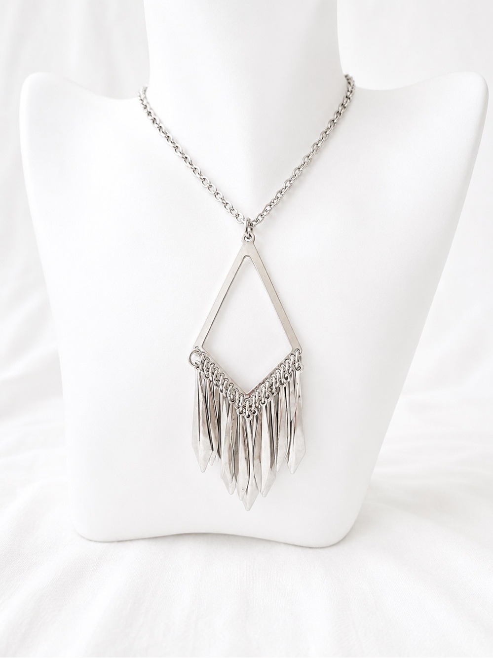 Geometric Silver Fringe Pendant 18” Necklace Statement Tassel Jewelry for Women